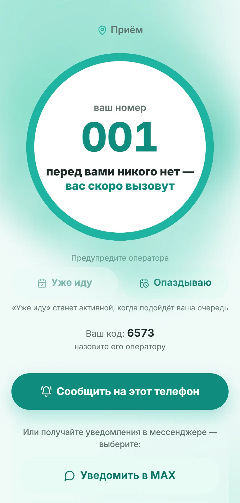 Талон в телефоне: номер 001, сколько человек впереди и кнопки «Уже иду», «Опаздываю»